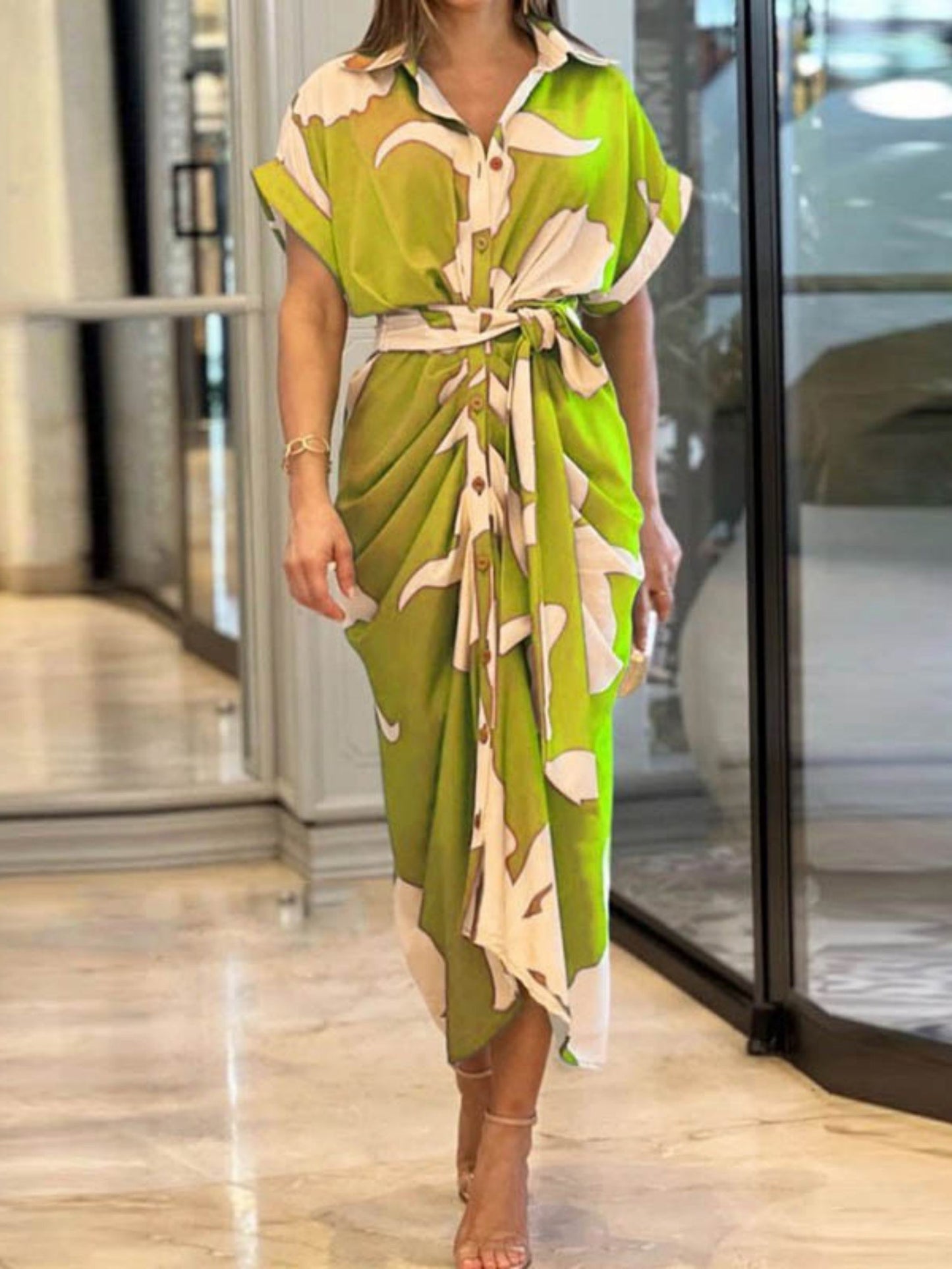 Lapel Shirt Dress Short-sleeved Single-breasted High-waisted Maxi Dresses