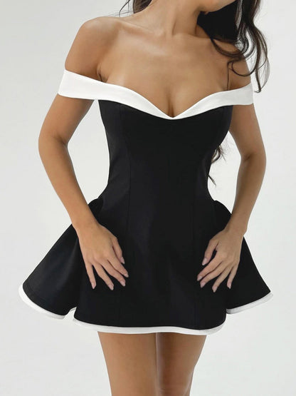 Color-blocked Off-shoulder Backless Waist Shaping Mini&Short Dresses