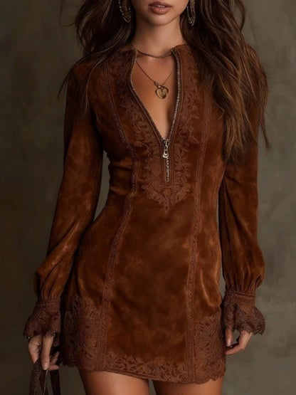 Zipper Lace Trim V-neck Long Sleeve Mini&Short Dresses