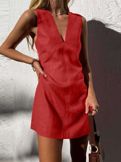 Plunge V-Neck Linen Texture Seam Detail Mini Dress