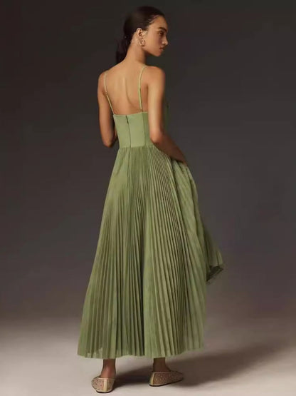 Sleeveless Deep V Slim Fit Pleated Camisoles Maxi Dresses