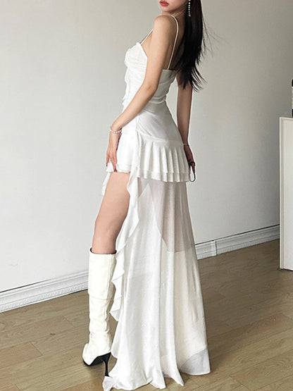 Mesh Ruffle Irregular Hem Camisoles Mini&Short Dresses