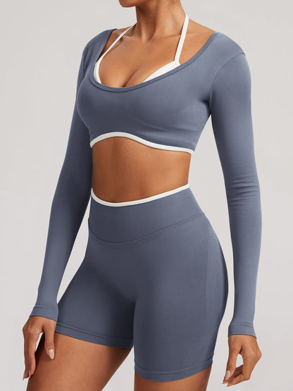 Seamless Faux Two-Piece Exercise And Fitness Yoga Long-sleeved Top
