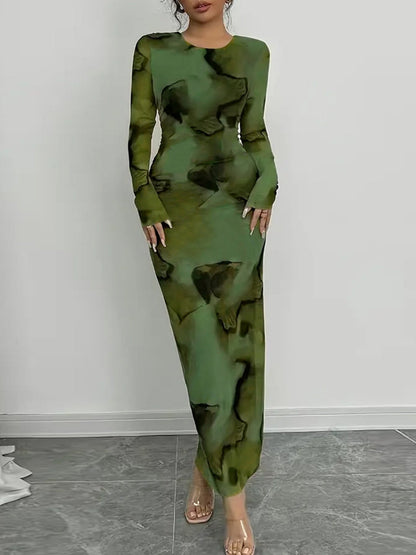 Printed Stretch Round Neck Long Sleeve Maxi Dresses