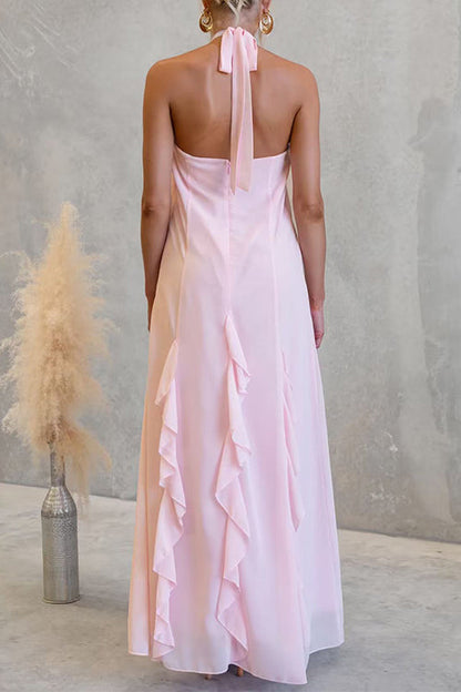 Halter Neck Open Back Ruffle Trim Maxi Dress
