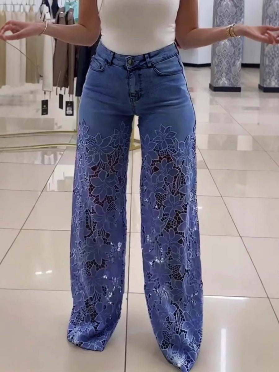 High-waisted Wide-leg Pants Openwork Lace Patchwork Jeans