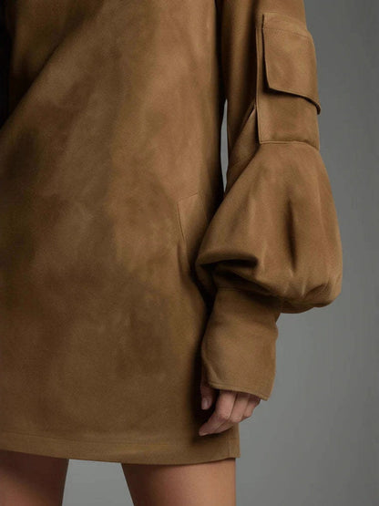 Old Deerskin High-necked Long-sleeved Pocket Mini&Short Dresses