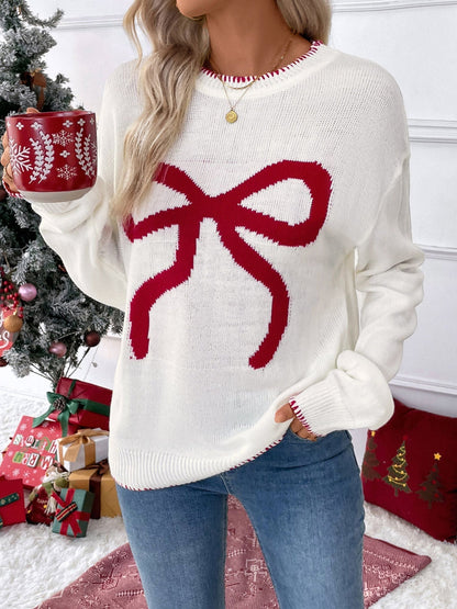 Bow Jacquard Loose Long-sleeved Round Neck Sweater