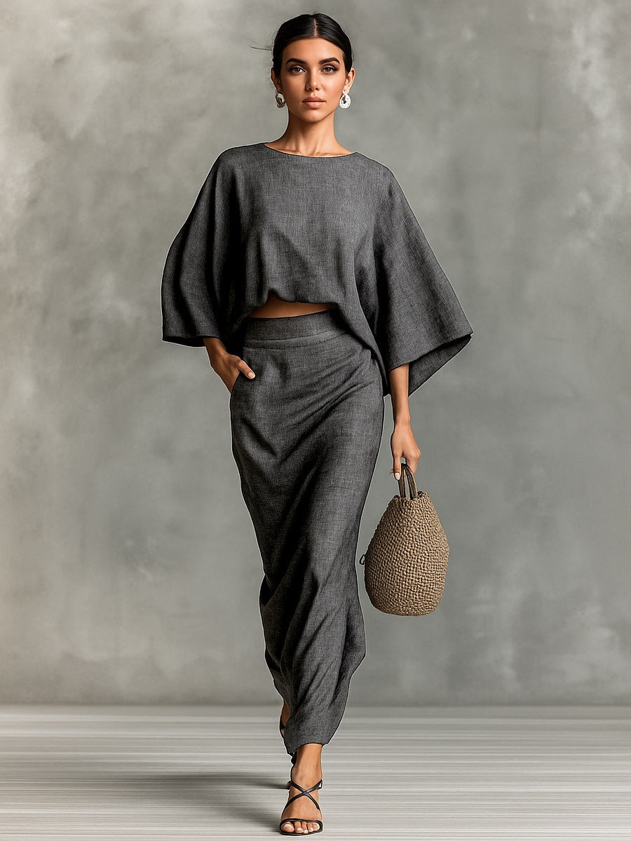 High-waisted Midi Skirt And Round Neck Three-quarter Sleeve Top Two-piece Set
