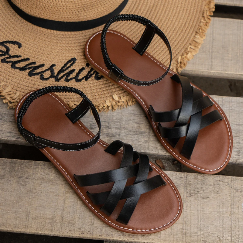 Women's Cross-Strap Flat Leather Sandals – Elegant Summer Comfort Slides
