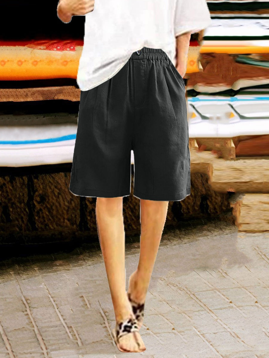 Button-down Cotton Linen Loose High-waisted Five-point Shorts