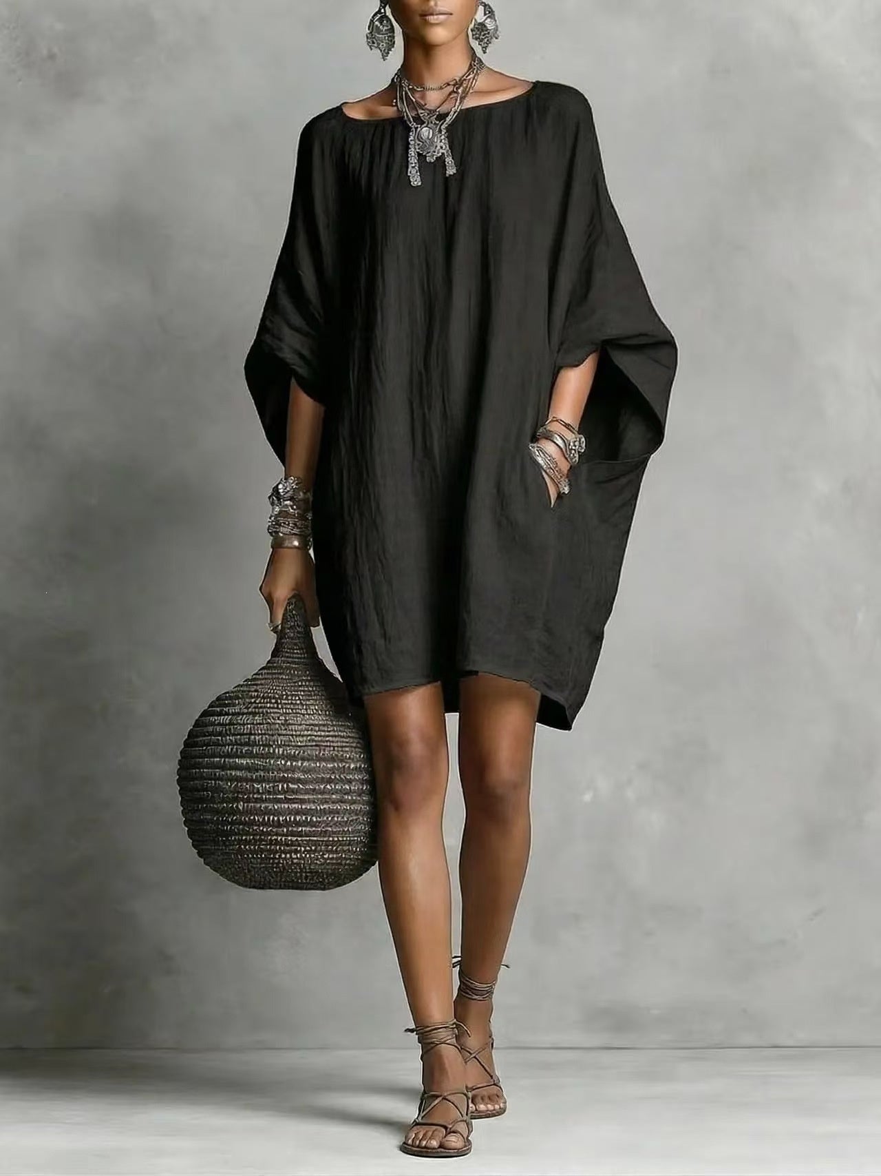 Linen-style Batwing Top, Loose-fitting Midi Dress