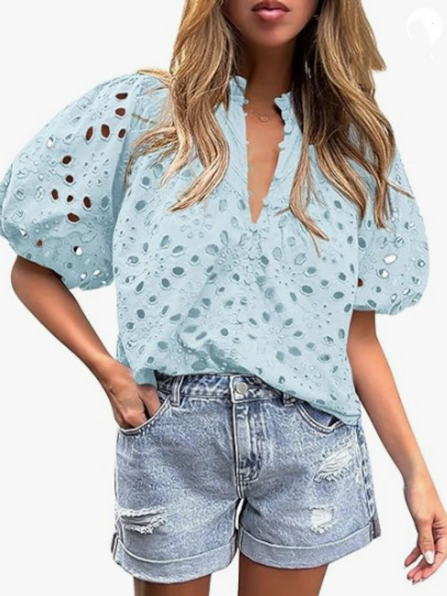V-neck Buttons Hollow Lace Embroidery Shirts