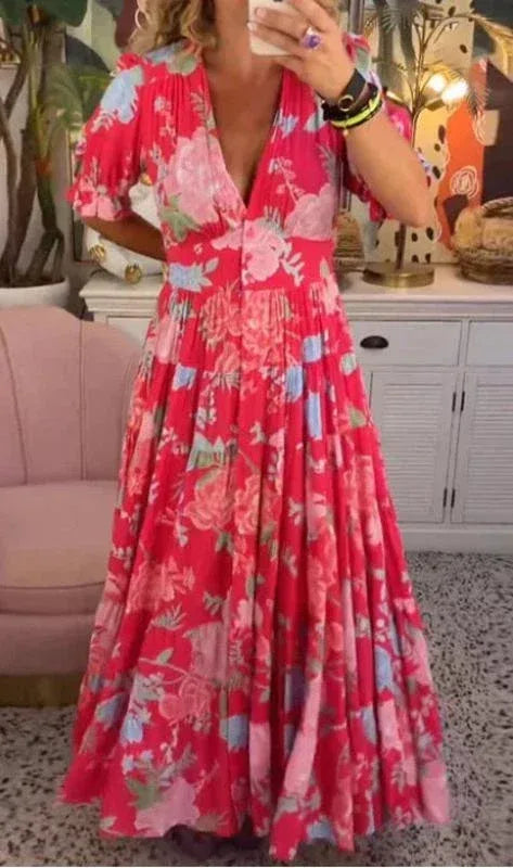 Boho Floral Maxi V-Neck Summer Dress Plus Size