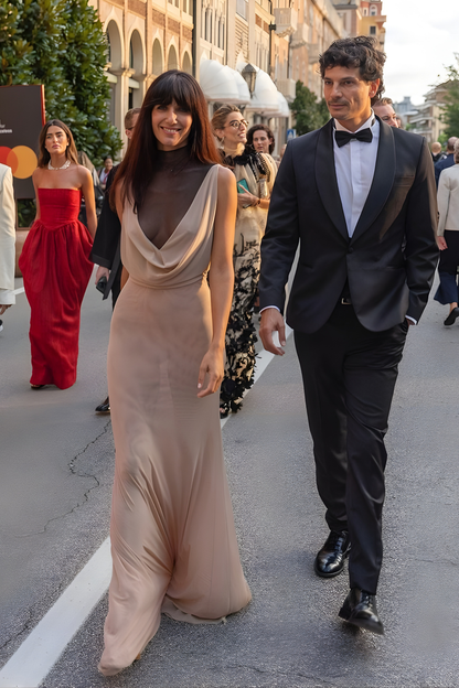Sheer Mock Neck Cowl Front Maxi Dress