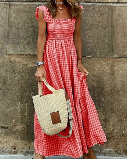 Gingham Smocked Square Neck Flutter Sleeve Tiered Maxi Dress