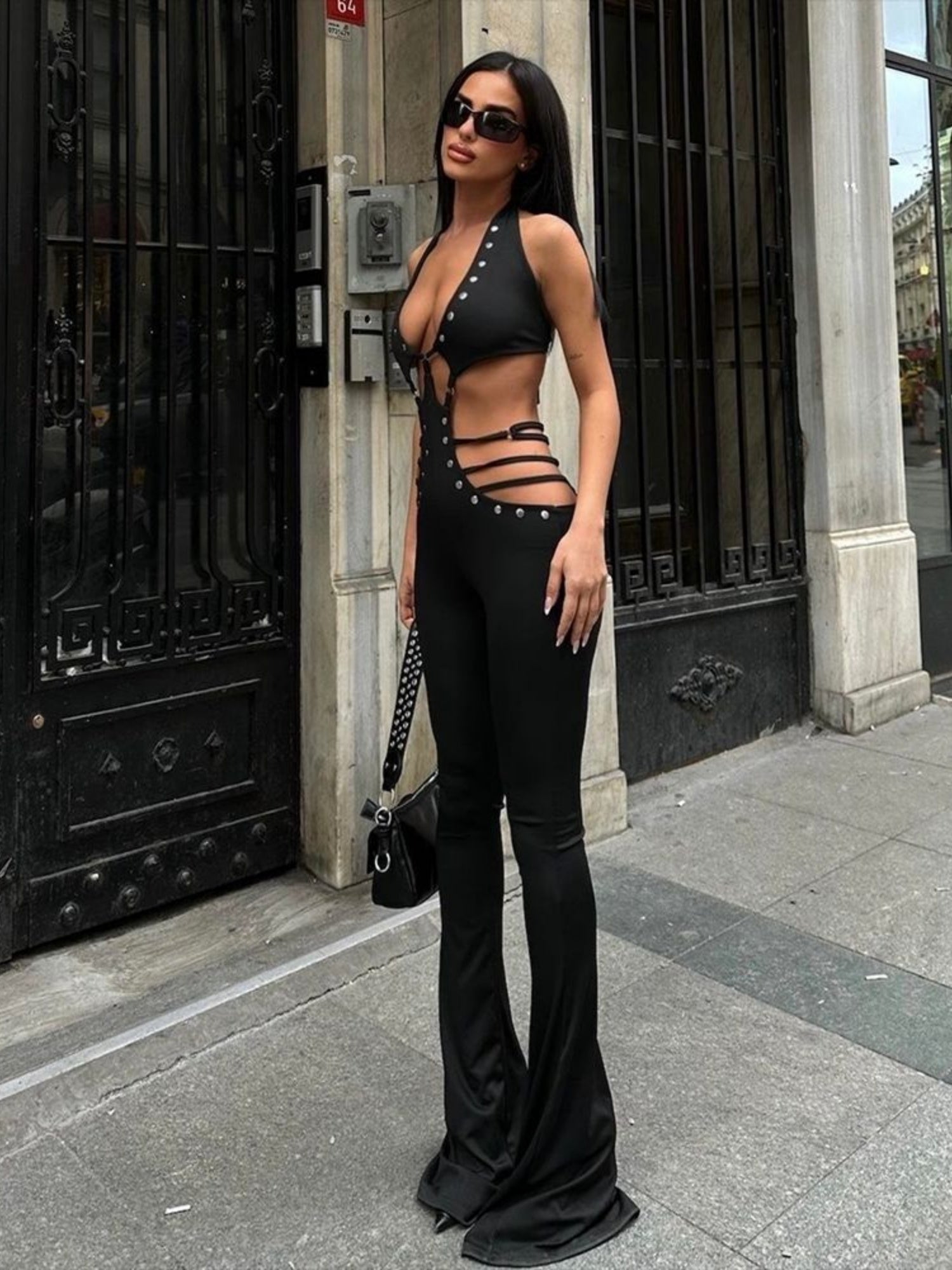 Cutout Deep V Lace-up Backless Micro-flared Jumpsuits