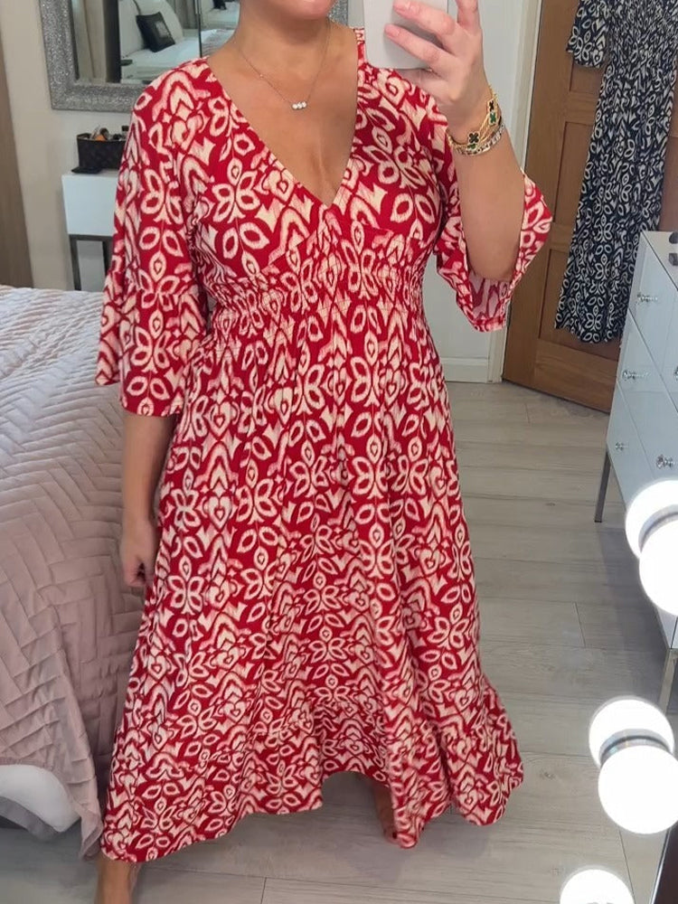 Deep V Neck Bell Sleeve Smocked Waist Tiered Ikat Print Maxi Dress