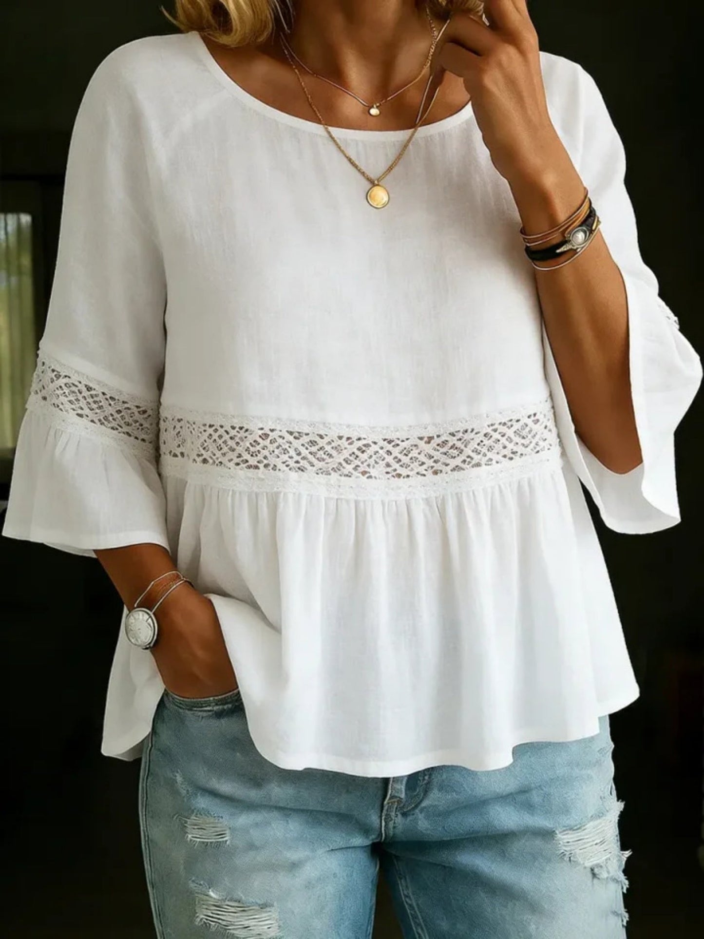 Lace Patchwork Cotton And Linen Round Neck, Three-quarter Sleeves T-shirts