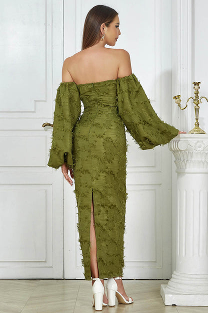 Off-the-Shoulder Fringe Knit Balloon Sleeve Back Slit Maxi Dress
