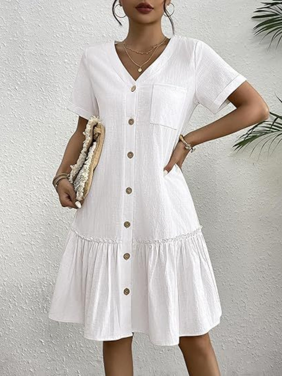 Single Row V-neck Loose-fit Short Sleeve Mini&Short Dresses