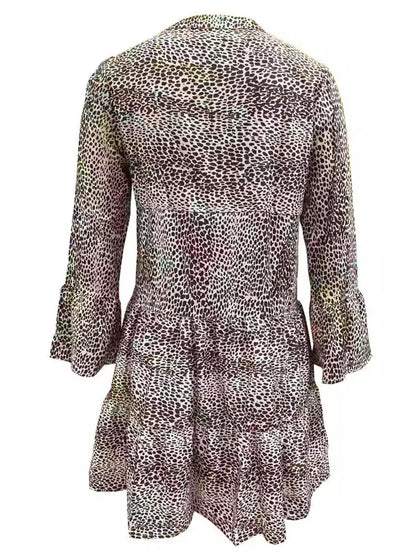 Leopard Print V-neck Long Sleeves Large Skirt Mini&Short Dresses