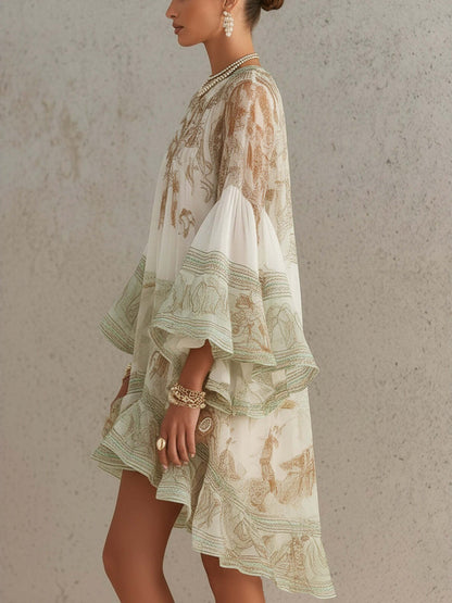 Ruffled, Vacation-style Loose-fitting, Flowy Short Dress
