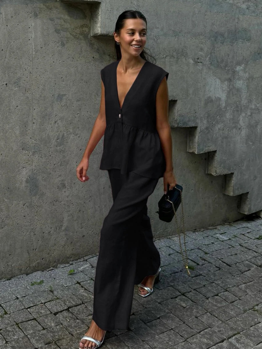 Cotton V-neck Sleeveless Top, Vest, And Trousers Buttons Solid Color 2-piece Sets