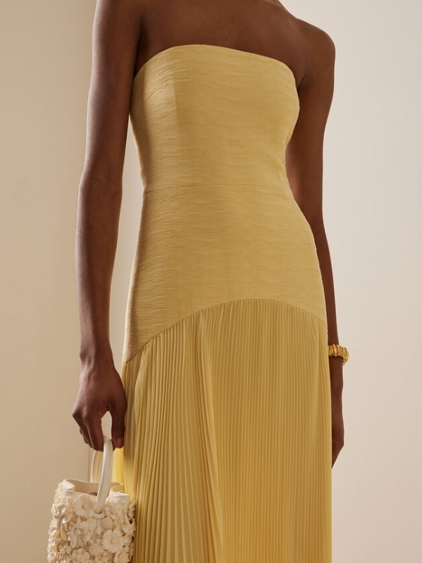 Strapless Vertical Accordion Pleated Floor Length Ball Gown Maxi Dress