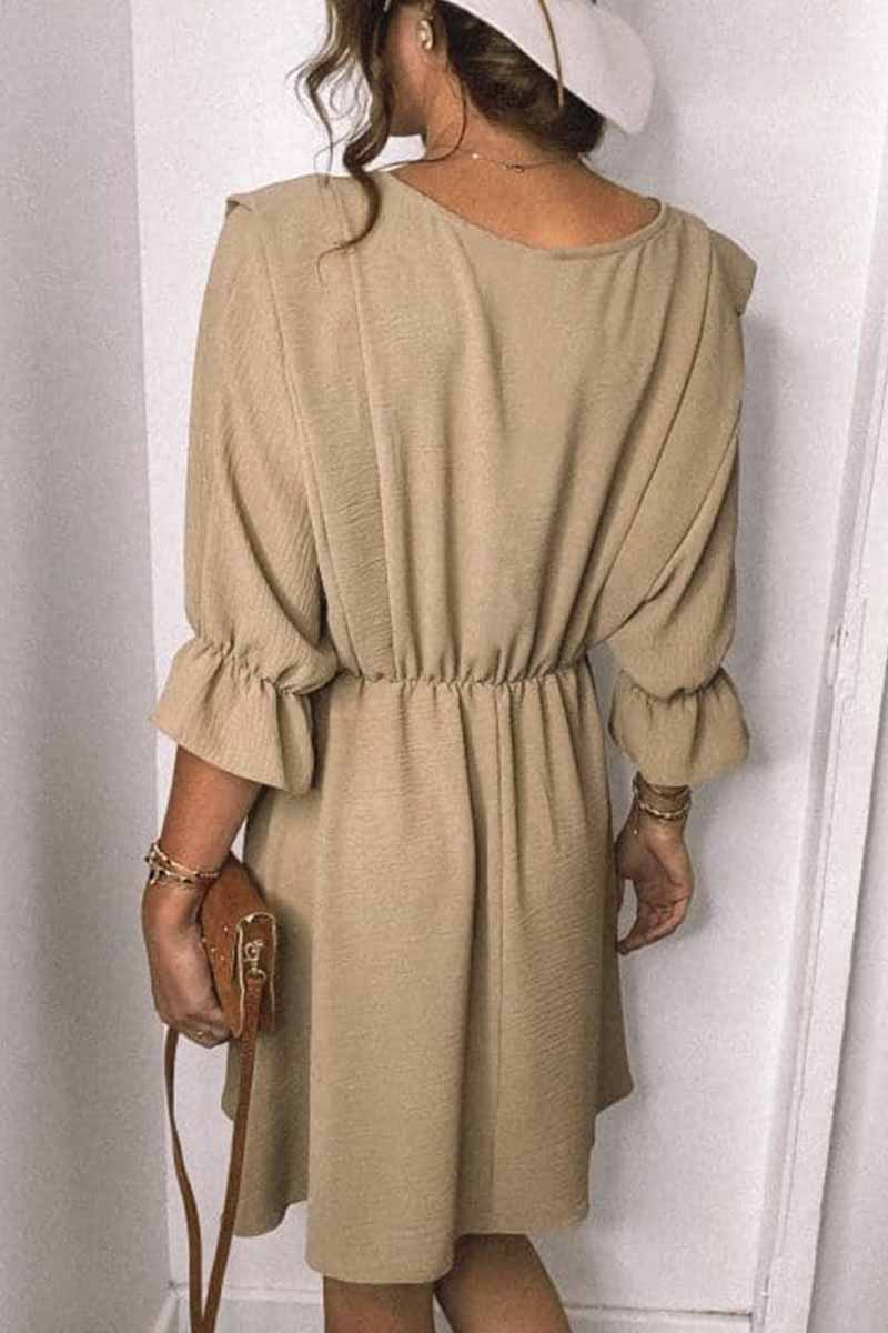 Padded Shoulder Ruffle Cuff Elastic Waist Textured A-Line Mini Dress