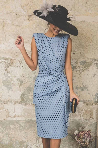 Polka Dot Draped Wrap-Front Structured Shoulder Pencil Midi Dress