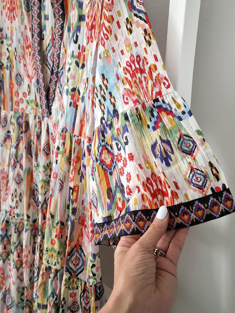 V Neck Bell Sleeve Ikat Print Tiered Midi Dress