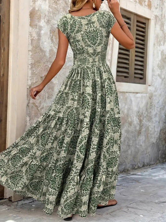 Floral Print V-neck Short Sleeve Large Skirt Maxi Dresses