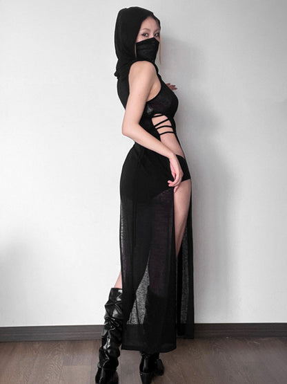 Mesh Splicing Hooded Sleeveless High Fork Maxi Dresses