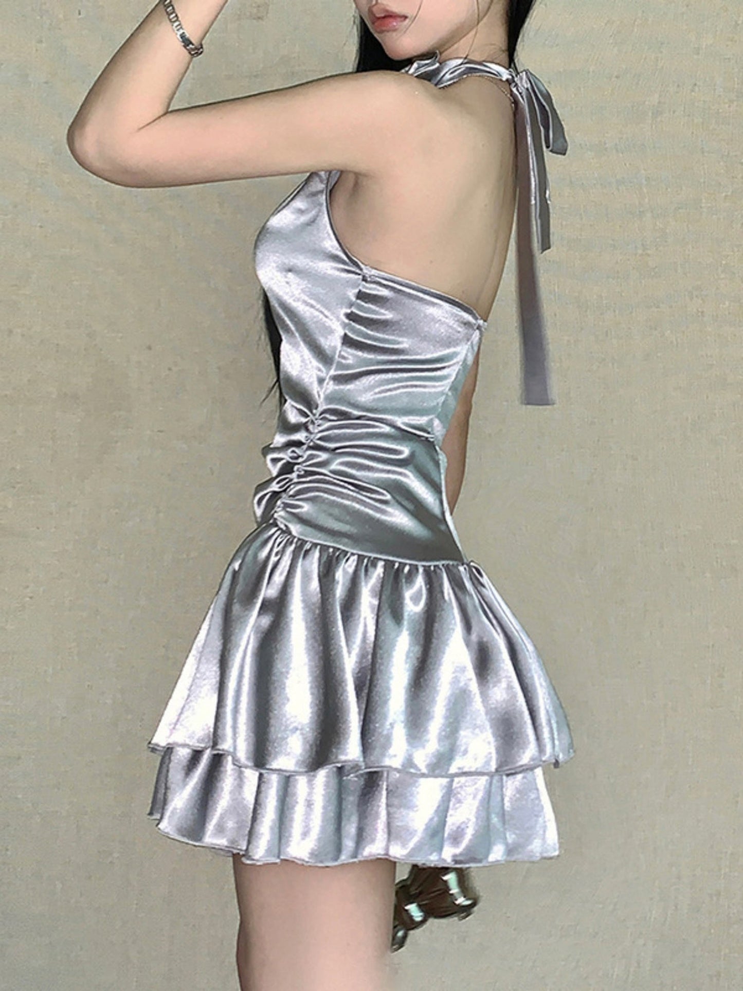 3D Flowers Glossy Hollow Out Halter-neck Sleeveless Mini&Short Dresses