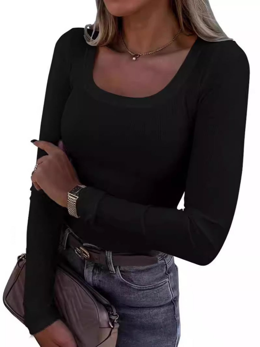 Threaded Groove Trimming Long Sleeve U-neck Base T-shirts