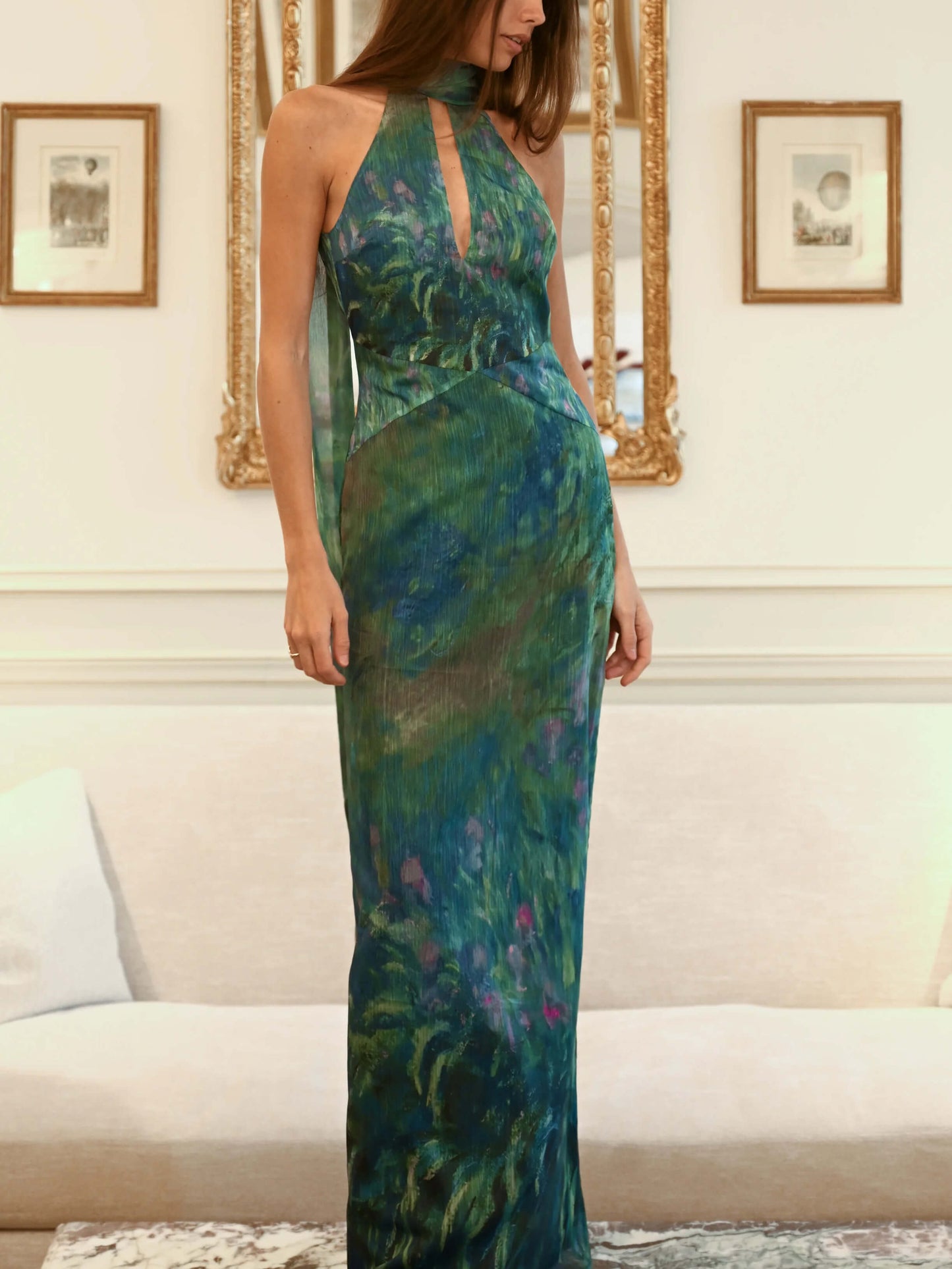 Halter Scarf Neck Keyhole Plisse Print Maxi Dress