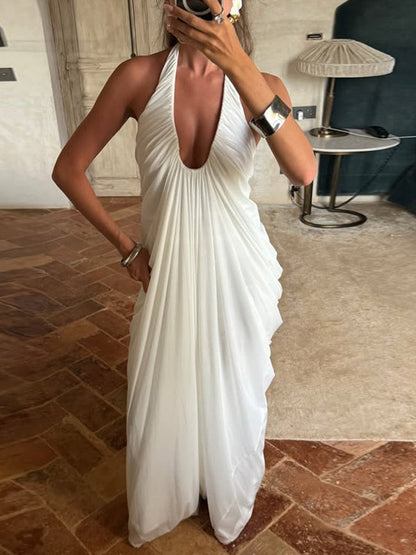 Loose-fitting, Backless, Sleeveless, V-neck, Pleated Halter-neck Mesh Long Dress