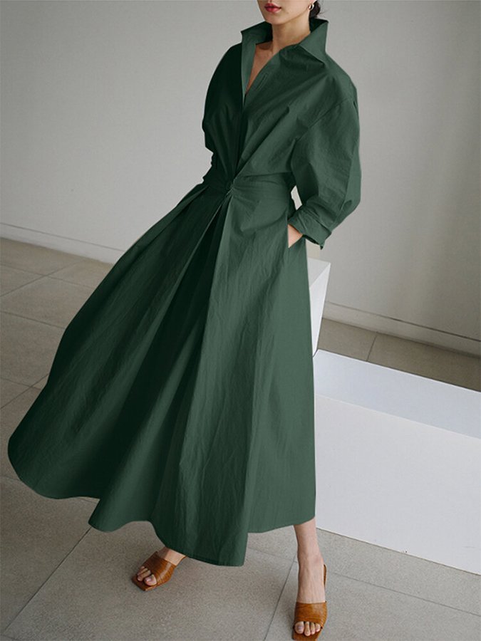 Long Sleeve Wrap Front Deep V-Neck Pleated Maxi Shirt Dress