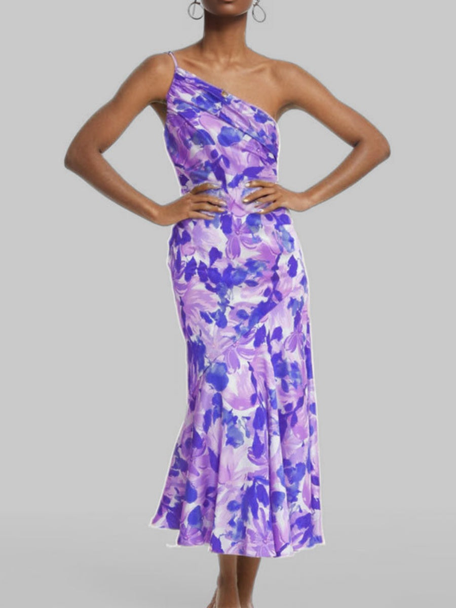 Sloping Shoulders Printed Temperament Fishtail Midi Dresses