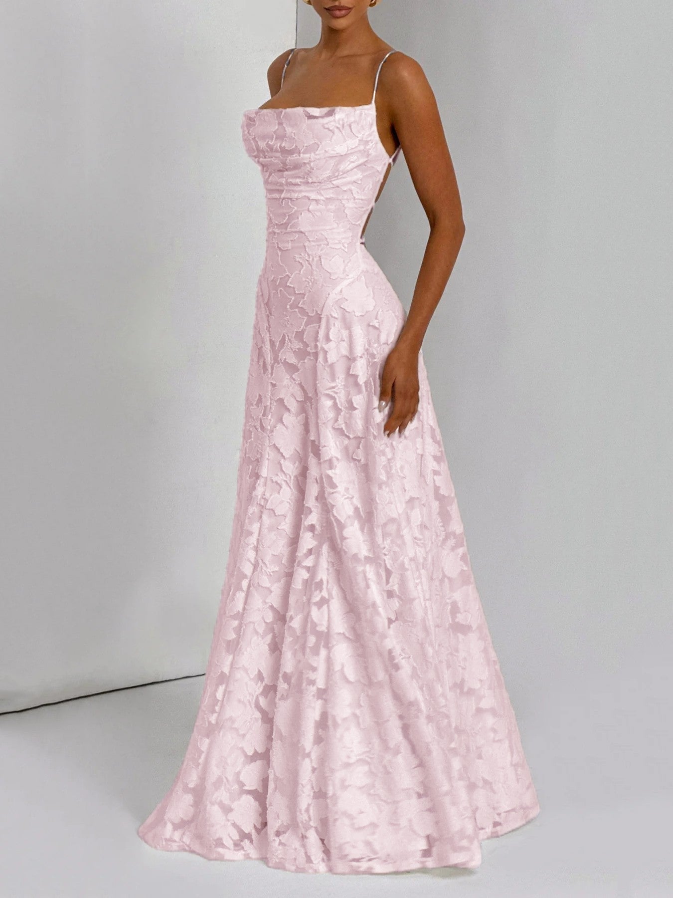 Spaghetti Strap Square Neck 3D Floral Applique A-Line Maxi Dress