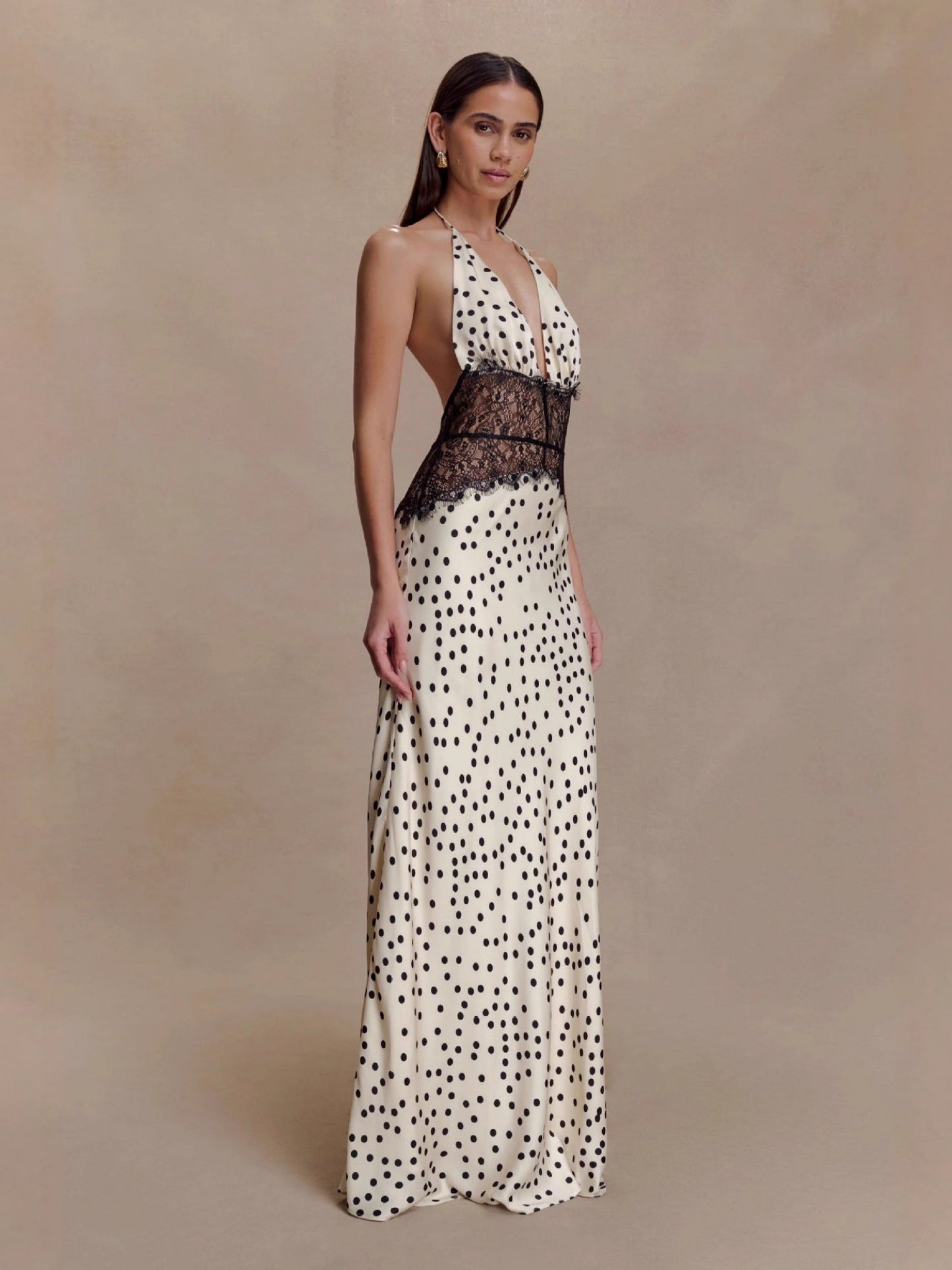 Polka Dots Lace Patchwork Halter Neck Deep V-neck Backless Maxi Dresses
