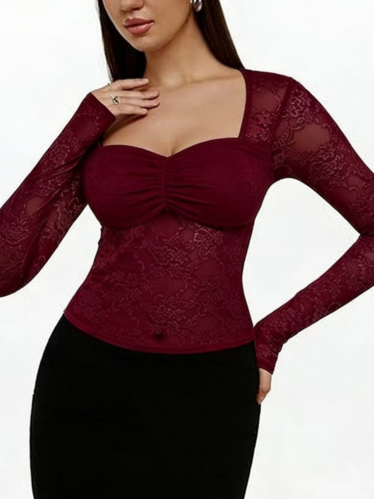 Lace See-through Square Neckline And Fitted Waist Long-sleeved T-shirt