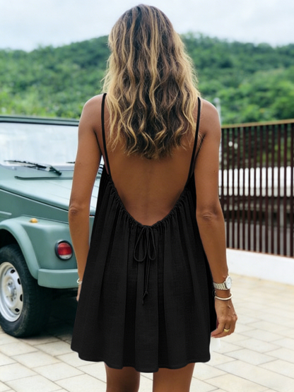 Ice Silk Pleated Solid Color Ruched Backless Short Dress