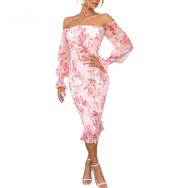 Floral Print Off-Shoulder Smocked Puff Sleeve Ruffle Hem Midi Dress