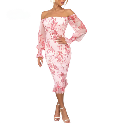Floral Print Off-Shoulder Smocked Puff Sleeve Ruffle Hem Midi Dress