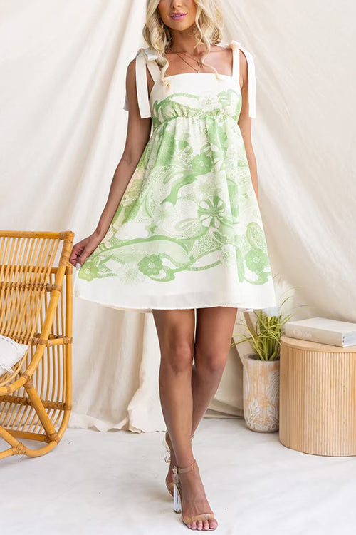 Margovil Bow Shoulder Sleeveless High Waist Floral Print Mini Dress