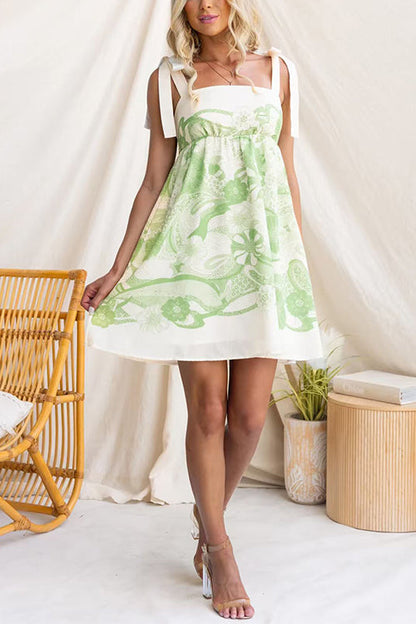 Margovil Bow Shoulder Sleeveless High Waist Floral Print Mini Dress