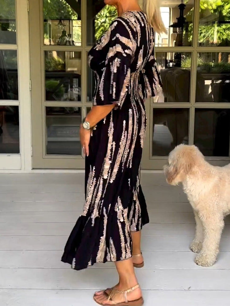 Deep V Neck Smocked Waist Puff Sleeve Abstract Brushstroke Print Tiered Maxi Dress