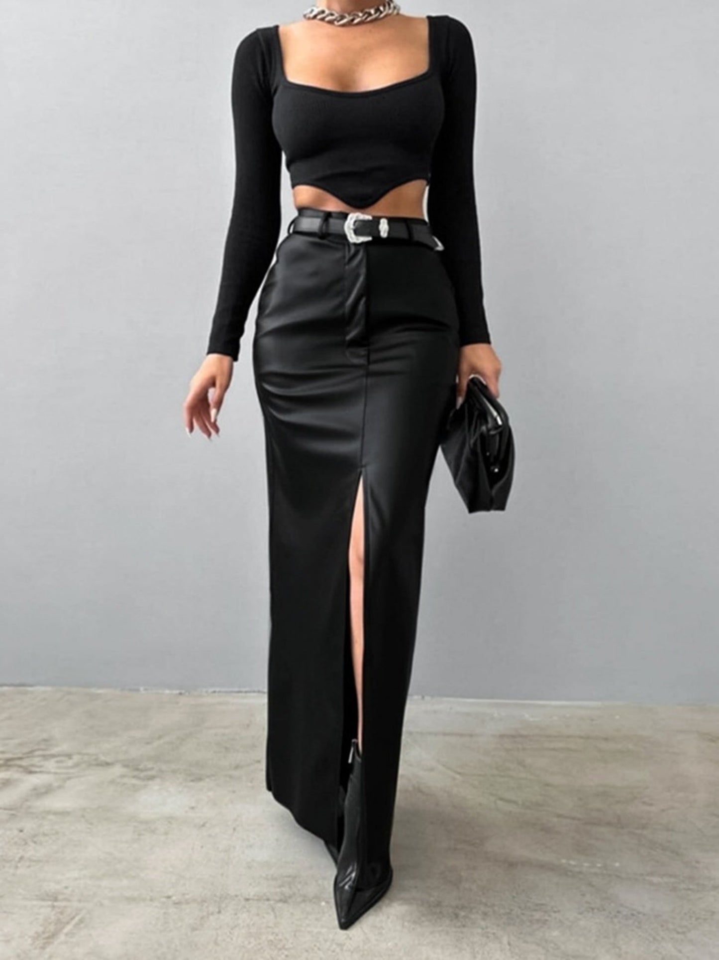 PU Leather High-waisted Slim Fit Hip Body Slit Longline Skirts